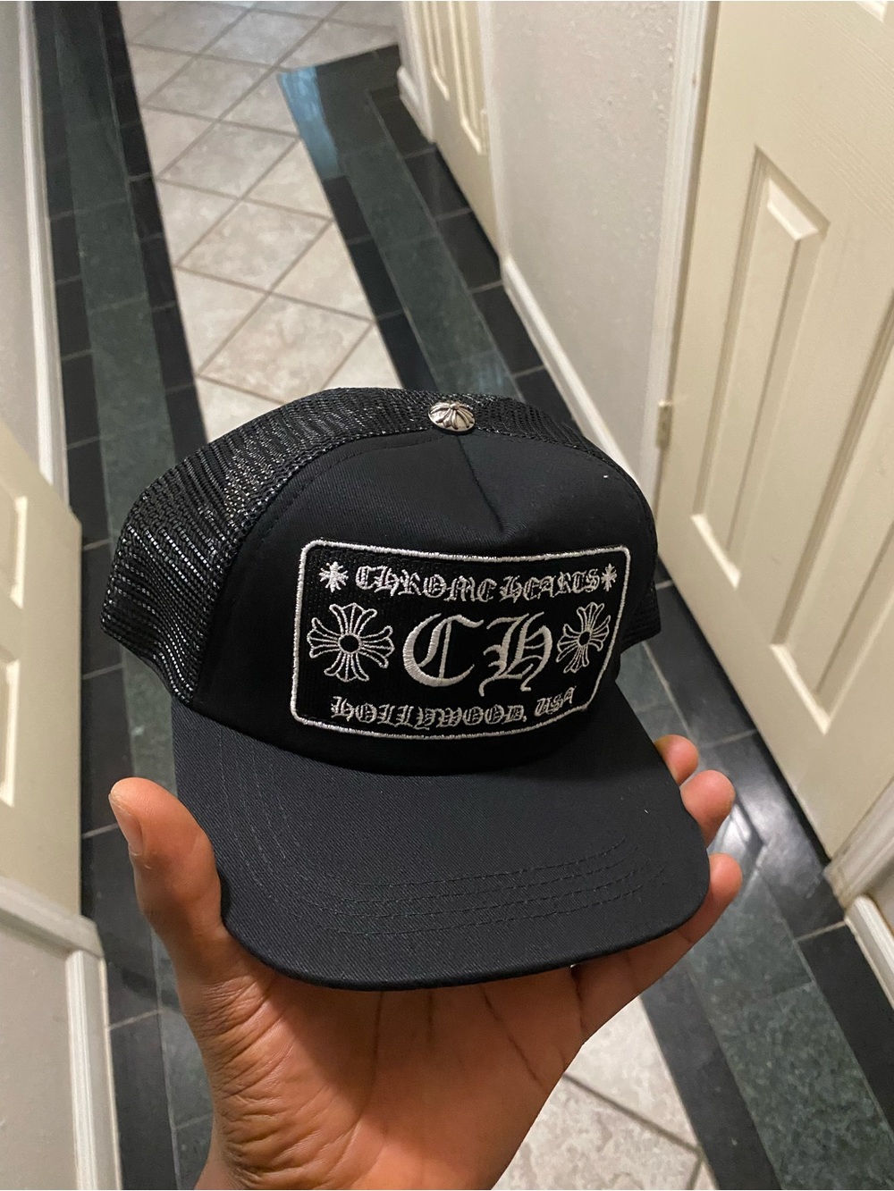 Chrome Hearts Black Trucker Cap with White Embroidered CH Patch